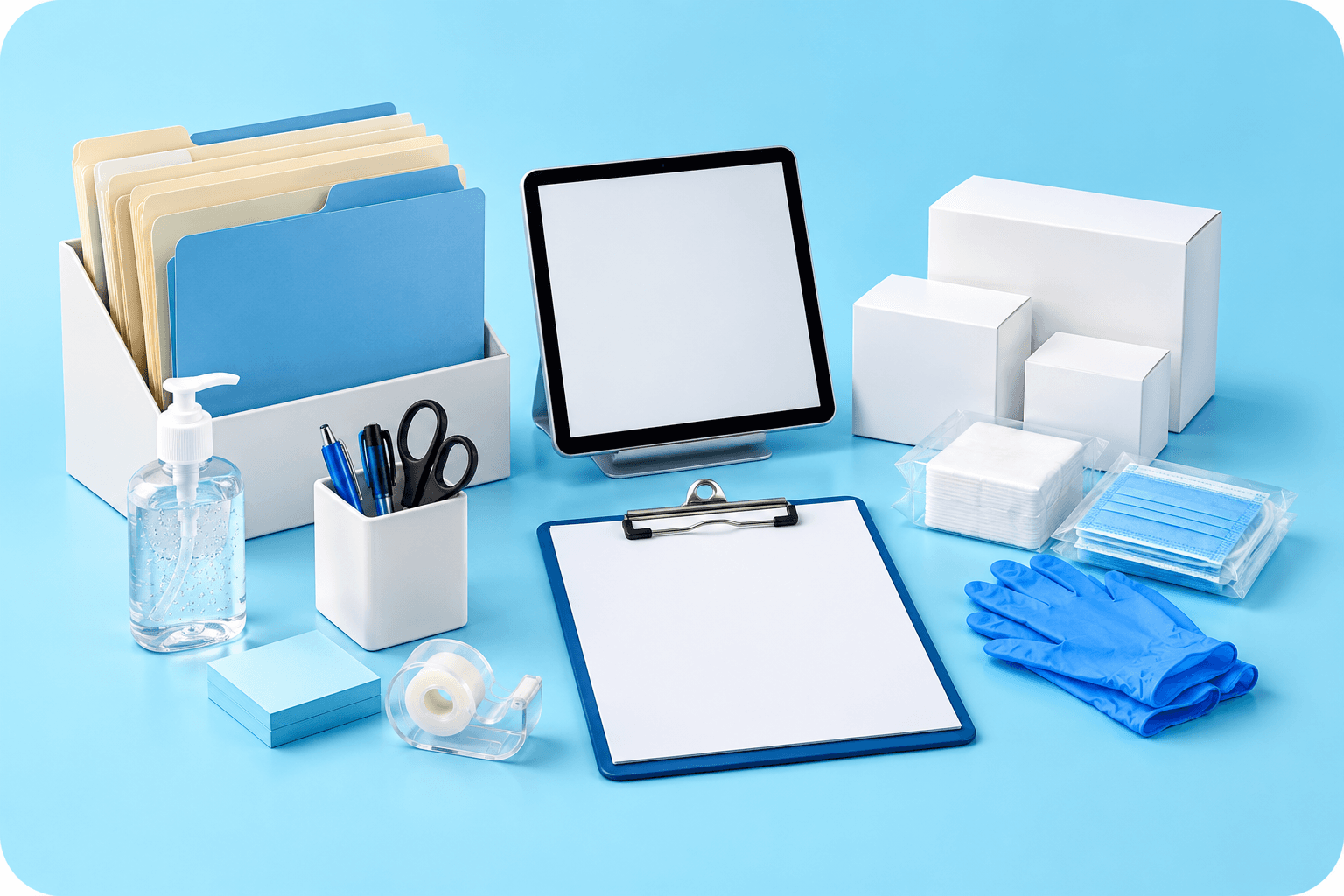 Open first aid kit with gloves, thermometer and dressings