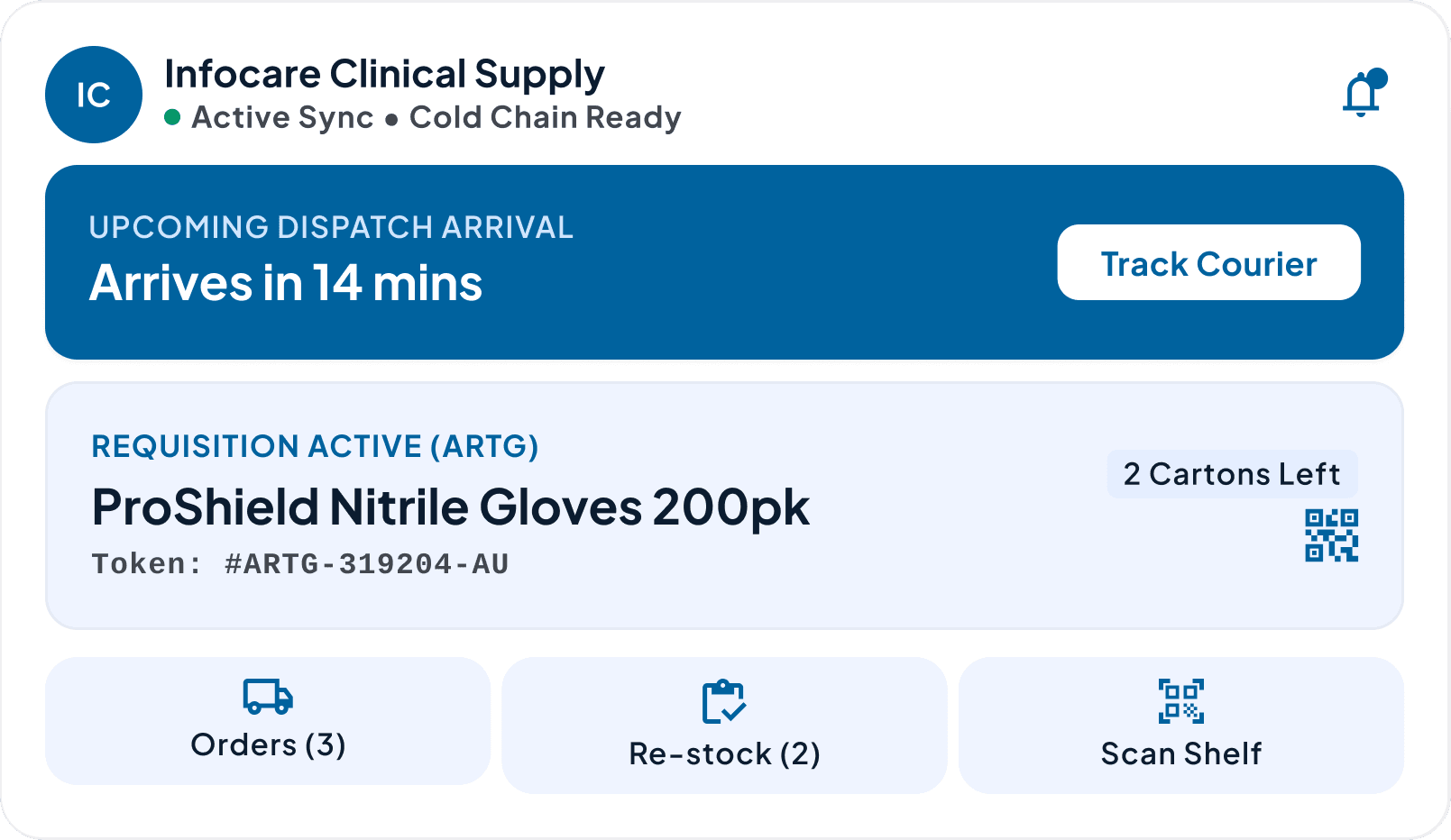 Infocare Clinical Supply app: dispatch arriving in 14 minutes and an active ProShield requisition