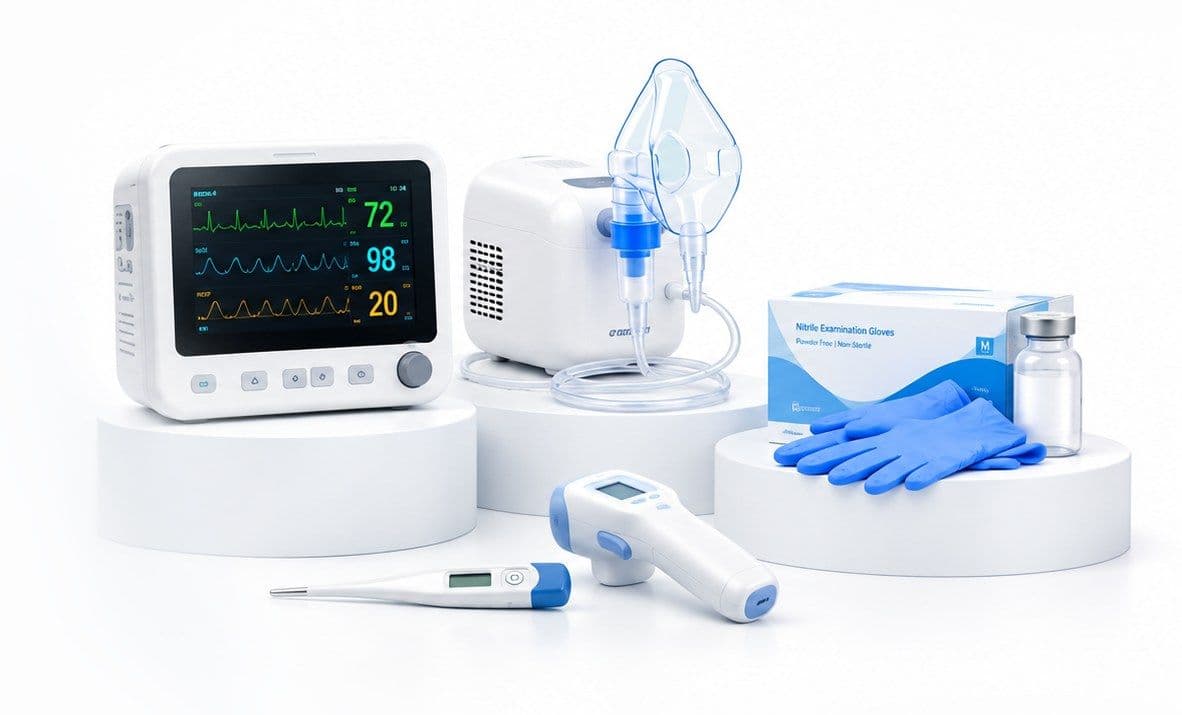 Patient monitor, nebuliser, thermometers and nitrile gloves on white podiums