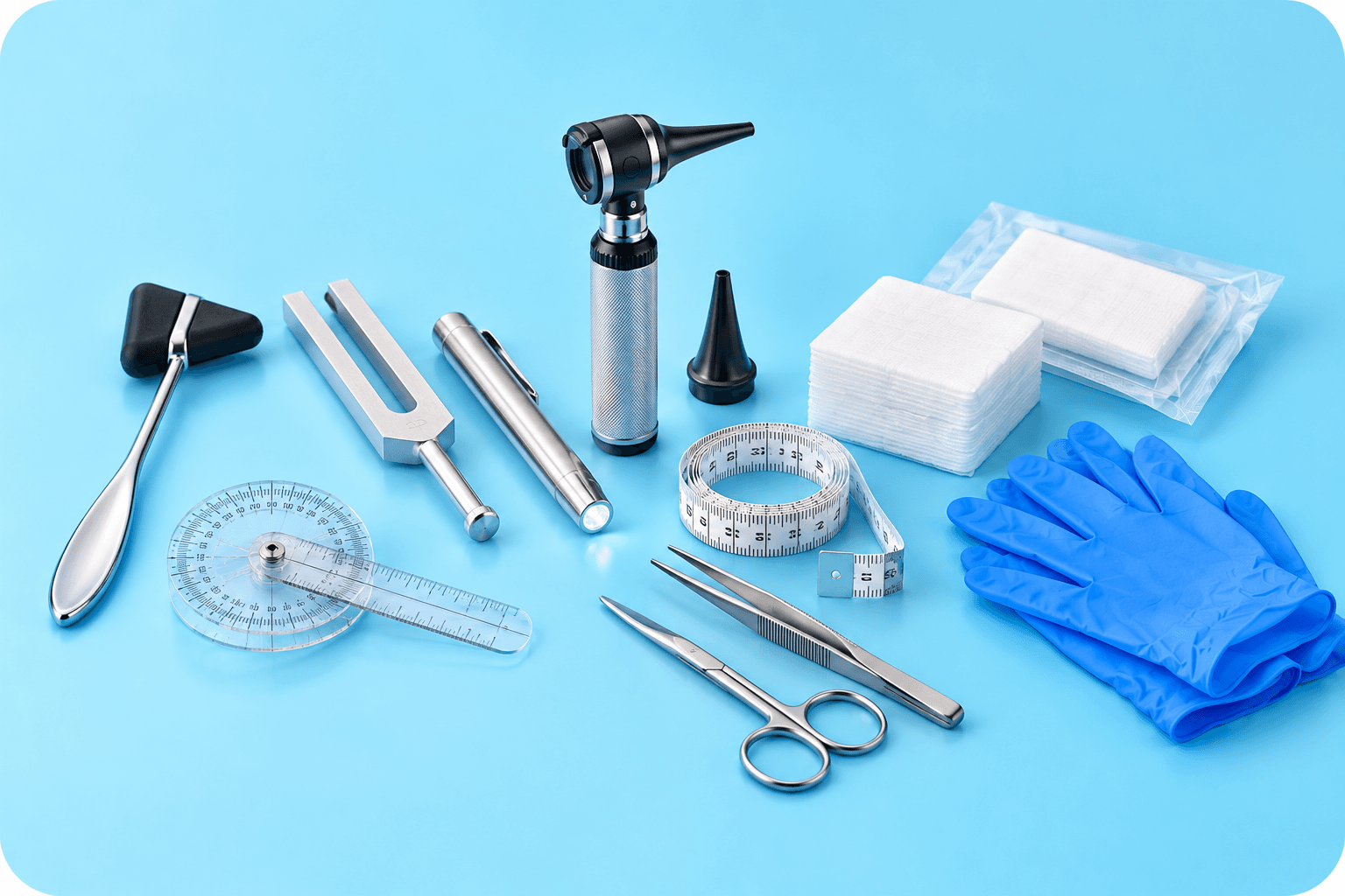 Open first aid kit with gloves, thermometer and dressings