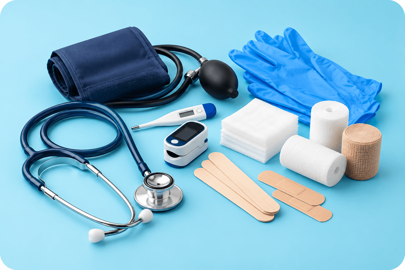 Open first aid kit with gloves, thermometer and dressings
